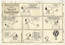 Charles Schulz Original Hand-Drawn Peanuts Sunday Comic Strip -- Snoopy Tries to Teach Woodstock How to Fly